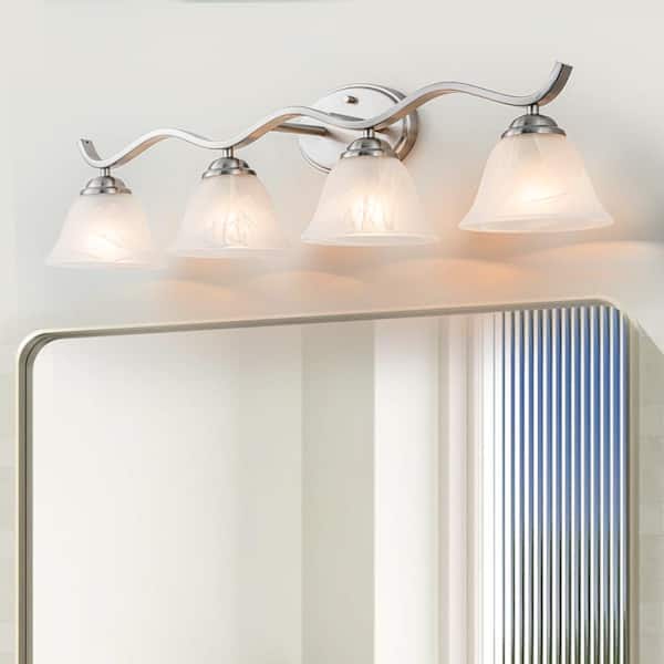 Niebla 31.5 in. W 4-Light Brushed Nickel Bathroom Vanity Light Bell Wall Sconce Fixture with Marbleized Glass Shades