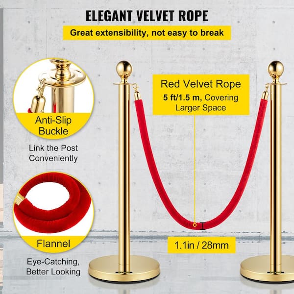 VEVOR Velvet Ropes and Posts 5 ft. Red Rope Stainless Steel Gold Stanchion  w/Ball Top Stanchion Crowd Control, (2-Pack Sets) TDZQTHRSGLZJ244I7V0 - The  Home Depot