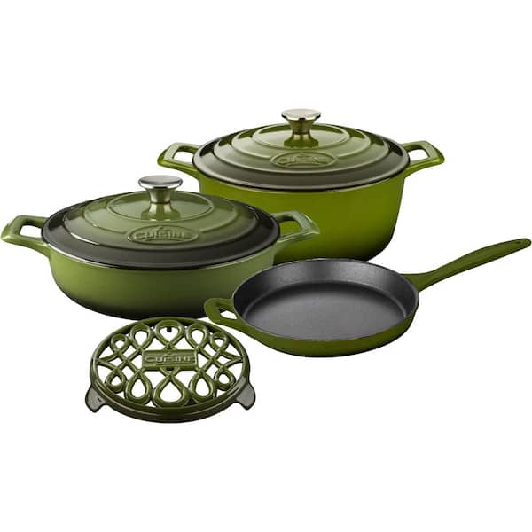La Cuisine PRO 6-Piece Enameled Cast Iron Cookware Set with Saute, Skillet and Round Casserole with Trivet in Green
