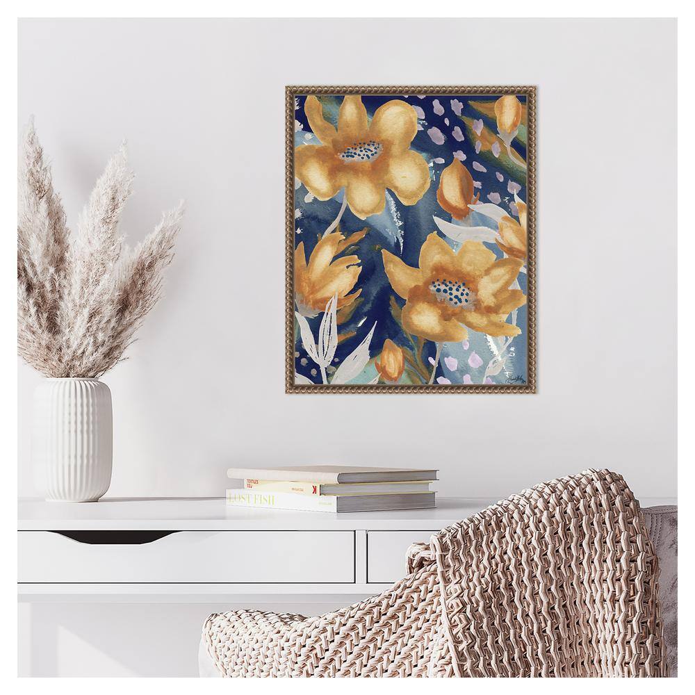 Golden Floral and Silver Petals Beaded Framed Canvas Wall Art