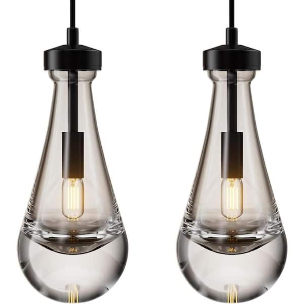 1-Light Modern Black Chandelier, Pendant Light Kitchen Island with Raindrop Glass Shade, (2-Sets)