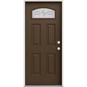36 in. x 80 in. Left-Hand/Inswing Camber Top Caldwell Decorative Glass Dark Chocolate Fiberglass Prehung Front Door