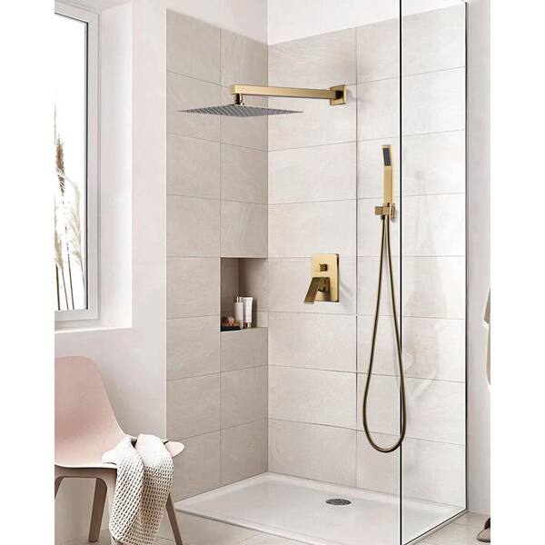 2-Spray Patterns with 1.8 GPM 12 in. Wall Mount Rain Fixed Shower Head in Brushed Gold
