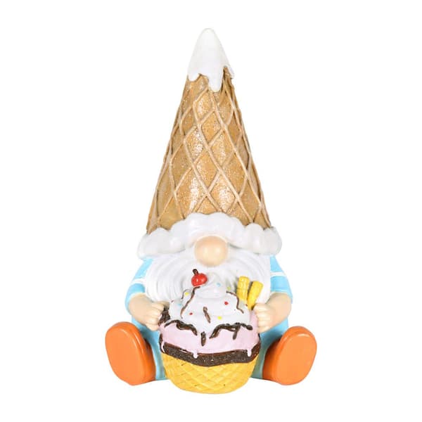 Exhart Ice Cream Hat Sitting with a Sundae, 5 x 5 x 7.5 in. Gnome Garden Statue