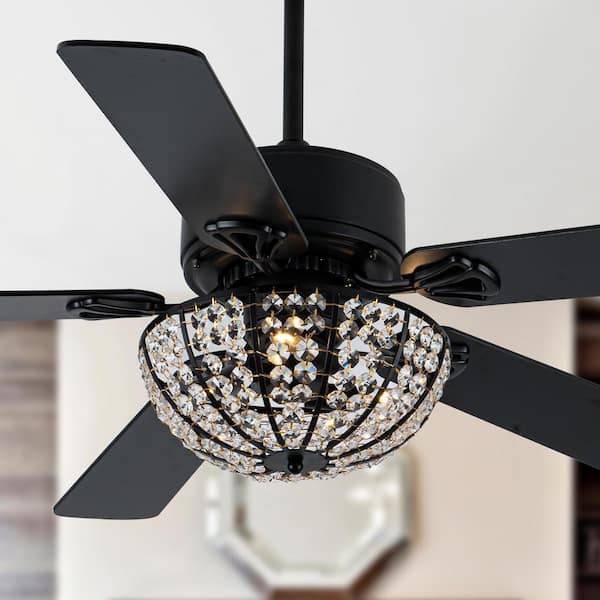 Oaks Aura Gallo 52 in. Indoor Matte Black Mid-Century Glam Crystal Ceiling Fan w/Lights, 6-Speed Reverisible Ceiling Fan w-Remote