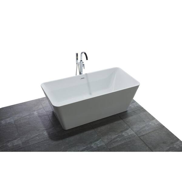 Aoibox 67 in. 100% Acrylic Flatbottom Freestanding Bathtub Contemporary Soaking Tub w/Brushed Nickel Overflow & Drain in White