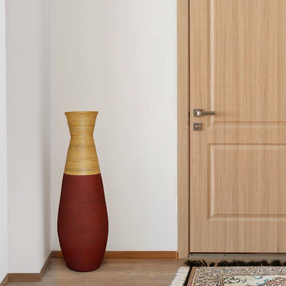 31.5" Burgundy and Natural Polished Bamboo Floor Vase