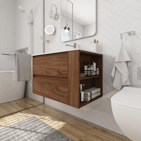30 in. W x 18 in. D x 19 in. H Single Sink Wall Mounted Bath Vanity in Brown Oak with White Cultured Marble Top
