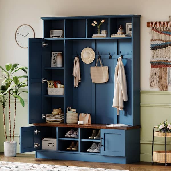 3-in-1 Entryway Blue Hall Tree with 6 Hooks and Storage Cabinet, Farmhouse Walnut Storage Bench with Adjustable Shelves