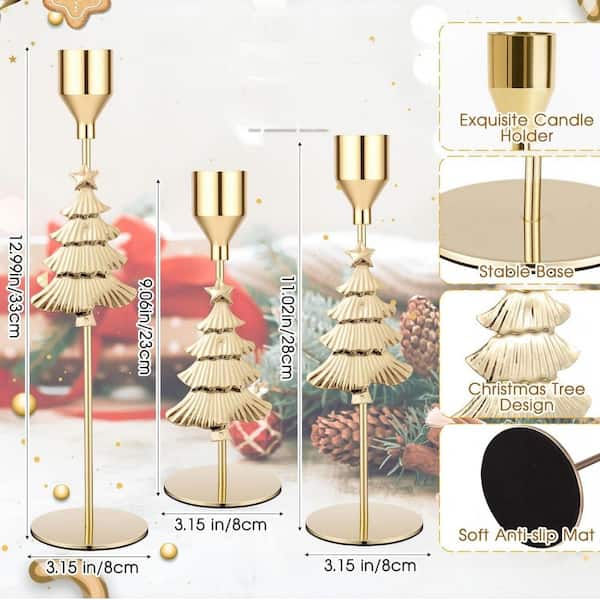 Gold Metal Christmas Tree Taper Candlestick 6 Pieces (3 Sizes