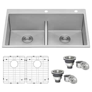 33 in. x 22 in. Double Bowl Drop-in 16-Gauge Stainless Steel Kitchen Sink