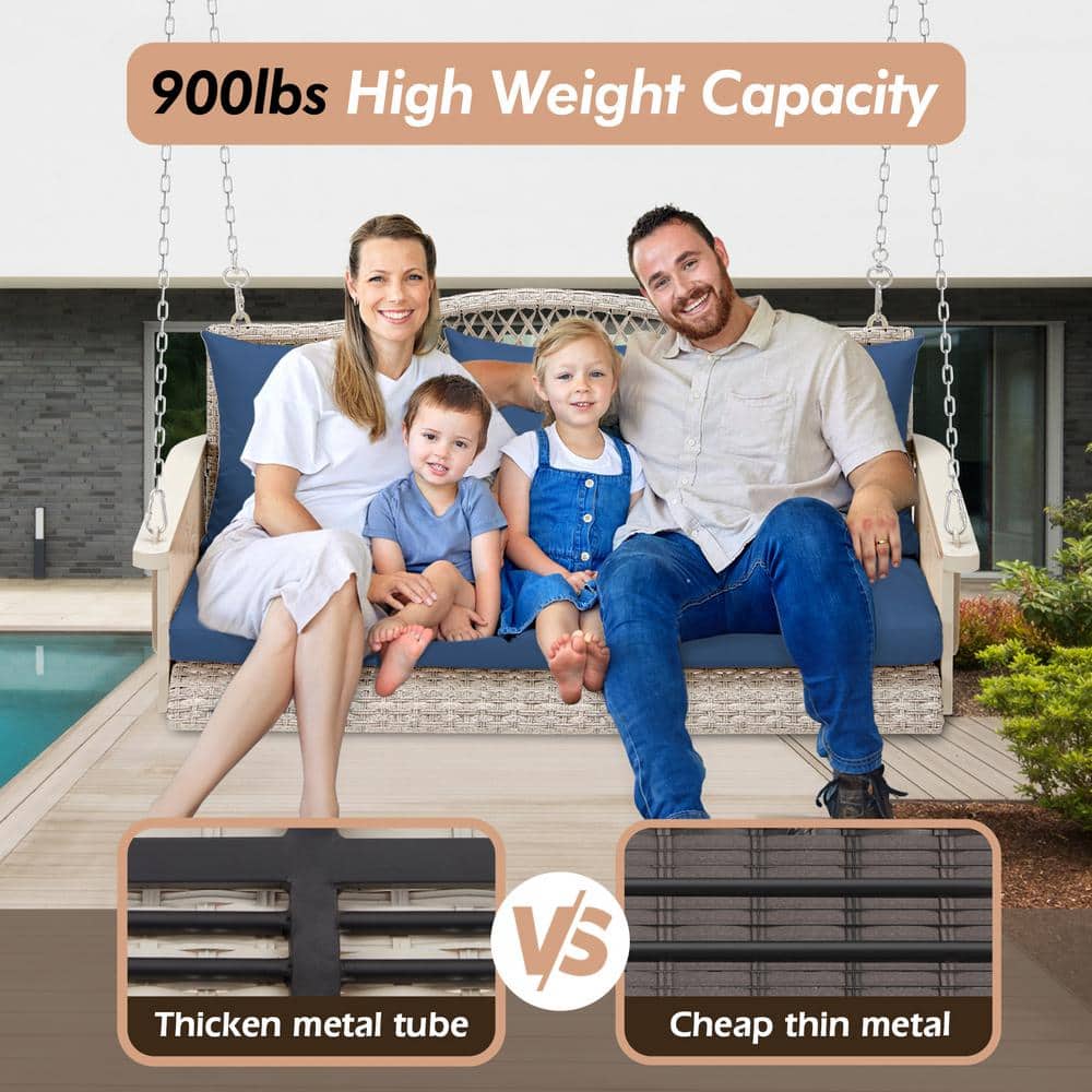 Heavy Duty Gray Steel Porch Swing with Navy Blue Cushions