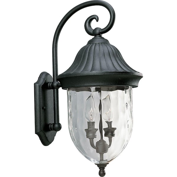Progress Lighting Coventry Collection 2-Light Textured Black Optic Hammered Glass Traditional Outdoor Wall Lantern Light