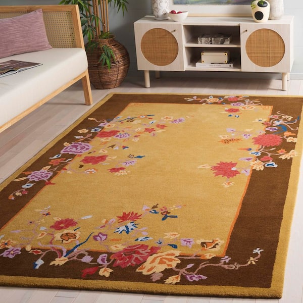 Metro 5 ft. x 8 ft. Gold/Brown Floral Border Ornate Area Rug