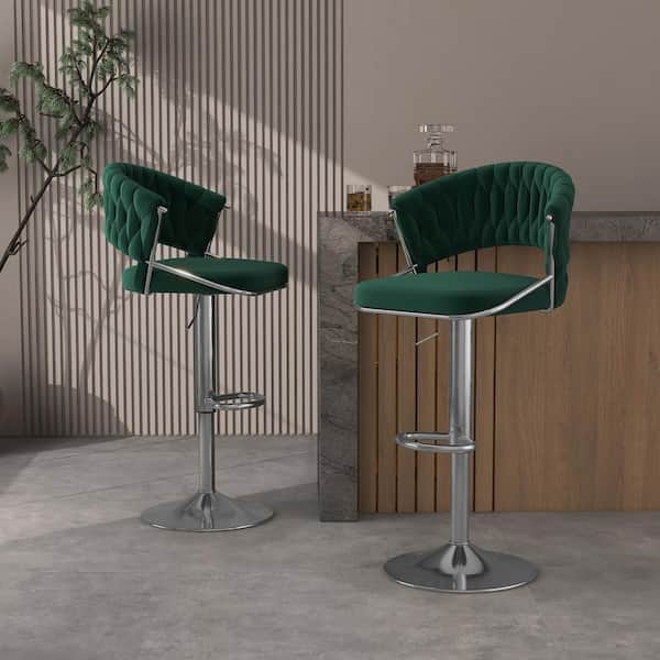 43.14 in. Modern Dark Green Low Back Silver Metal Frame Adjustable Height Swivel Bar Stool with Velvet Seat(Set of 2)