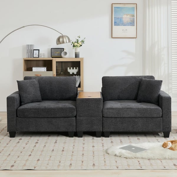 97.64 in. Chenille Dark Gray Fabric Tufted Loveseat Sofa Couch with Side Table, Split Left and Right Seats, 2-Pillows