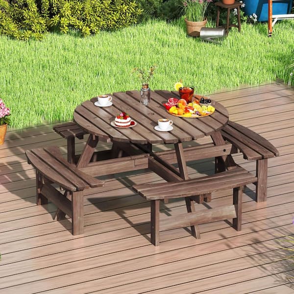 1-Piece Wood 8-Person Outdoor Dining Set Round Picnic Table Set with 4 Built-in Benches 2 in. Umbrella Hole, Brown