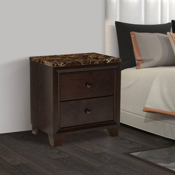 Benjara Wooden 2-Drawer Cappuccino Brown Nightstand with Faux Marble Top