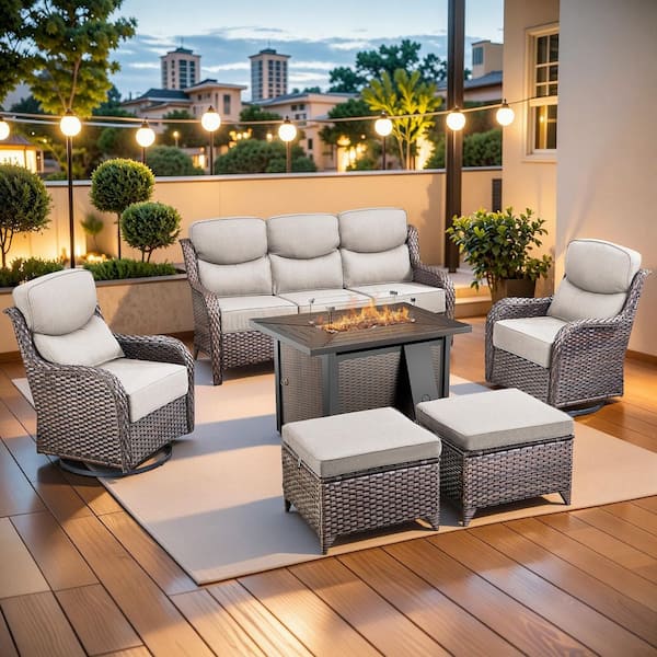 MoonLuxe Brown Wicker Fire Pit Conversation Set with Beige Olefin 6 in. Thick Cushions Patio Swivel Chairs (6-Piece)