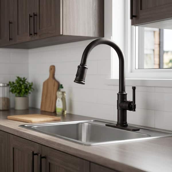 Oil Rubbed Bronze 16.2 in. Single Handle Pull Down Sprayer Kitchen Faucet with 360° Spout Swivel in Stainless Steel