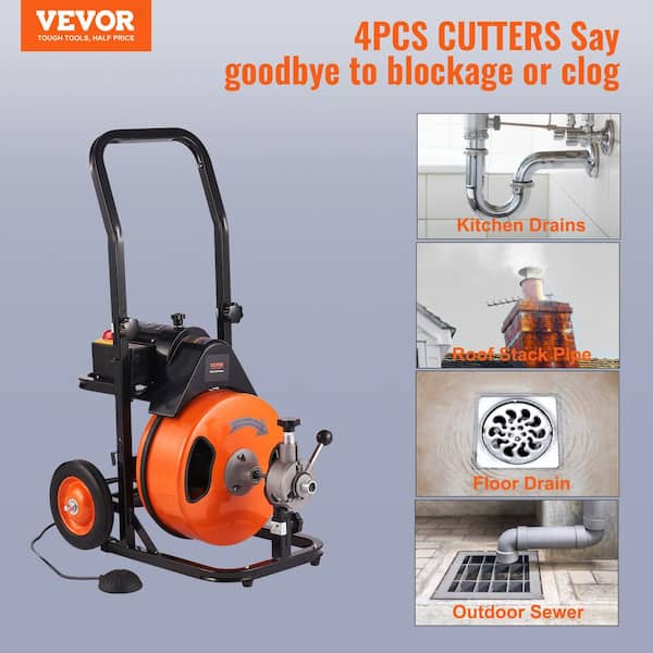 VEVOR 100ft x 1/2 Drain Cleaner 550W Drain Cleaning Machine Snake Sewer Clog w/Cutter