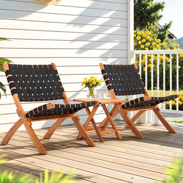 3-Piece Outdoor Bistro Set, Acacia Wood Patio Furniture Set with Coffee Table & Folding Chairs