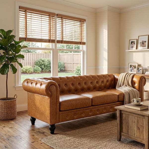 88.2 in. W Rolled Arms PU Rectangle Sofa with Tufted Design in Light Brown
