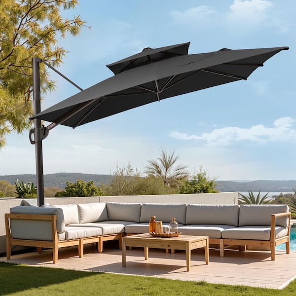 Pellebant Double Top 9 ft. x 10.5 ft. Outdoor Aluminum Cantilever Swivel 360°Rotational Tilt Offset Patio Umbrella in Black