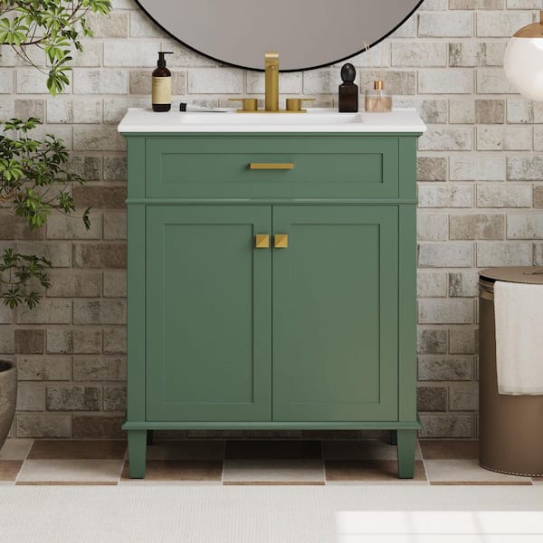 FAMYYT 30 in. Single Sink Freestanding Green Bath Vanity with White Ceramic Top, Adjustable Shelves Unassembled