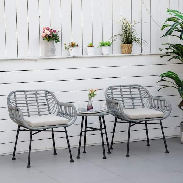Sudzendf 3-Piece PE Rattan Wicker Patio Set Outdoor Bistro Set, Table and Chairs with Cream White Cushions