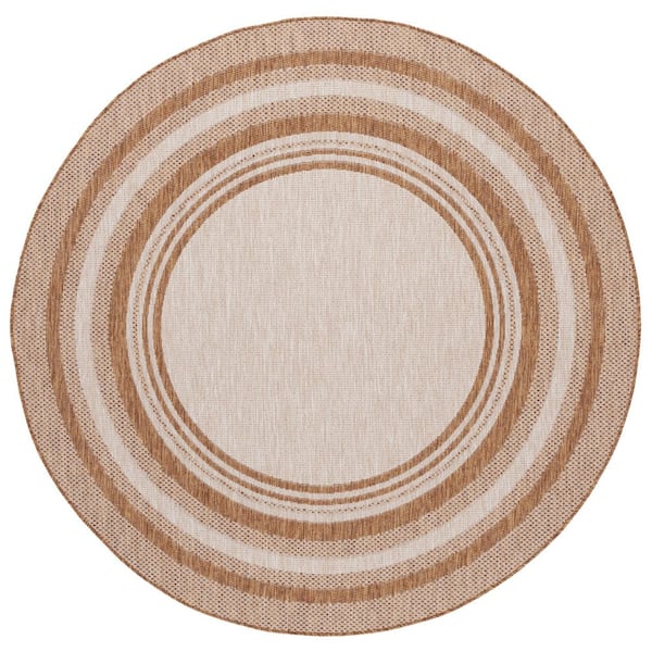 Beach House Beige/Brown 7 ft. x 7 ft. Concentric Border Indoor/Outdoor Round Area Rug