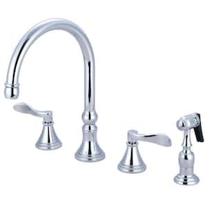 NuFrench 2-Handle Deck Mount Widespread Kitchen Faucets with Brass Sprayer in Polished Chrome