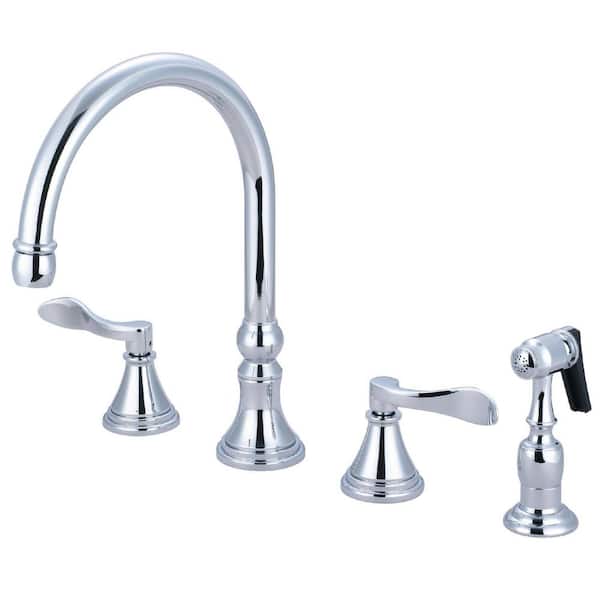 Kingston Brass NuFrench 2-Handle Deck Mount Widespread Kitchen Faucets with Brass Sprayer in Polished Chrome