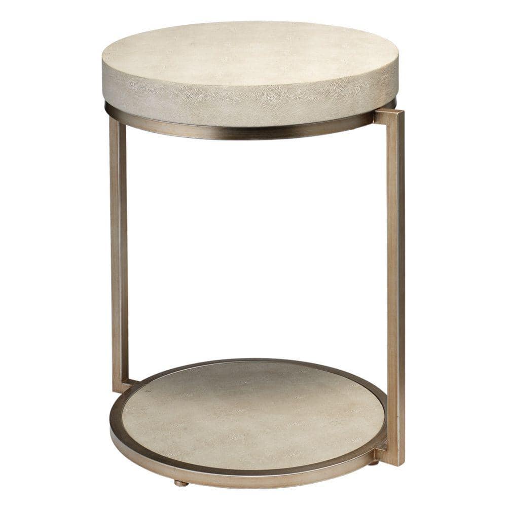 Round White and Gold Metal Side Table with Faux Shagreen Top
