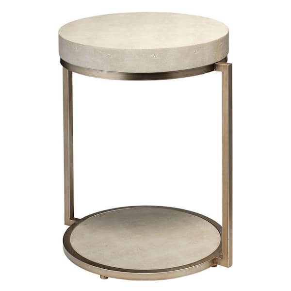 Benjara 20.5 in. White and Gold Round Faux Leather End Table with Metal Frame
