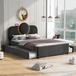 Gray Wood Frame Full Size Platform Bed with LED, Trundle and USB Ports