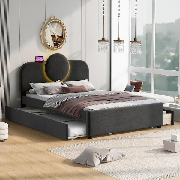 Qualler Gray Wood Frame Full Size Platform Bed with LED, Trundle and USB Ports