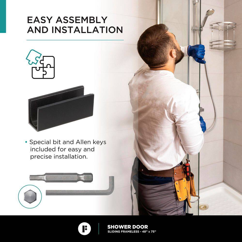 48'' Black Frameless Sliding Shower Door with Tempered Glass