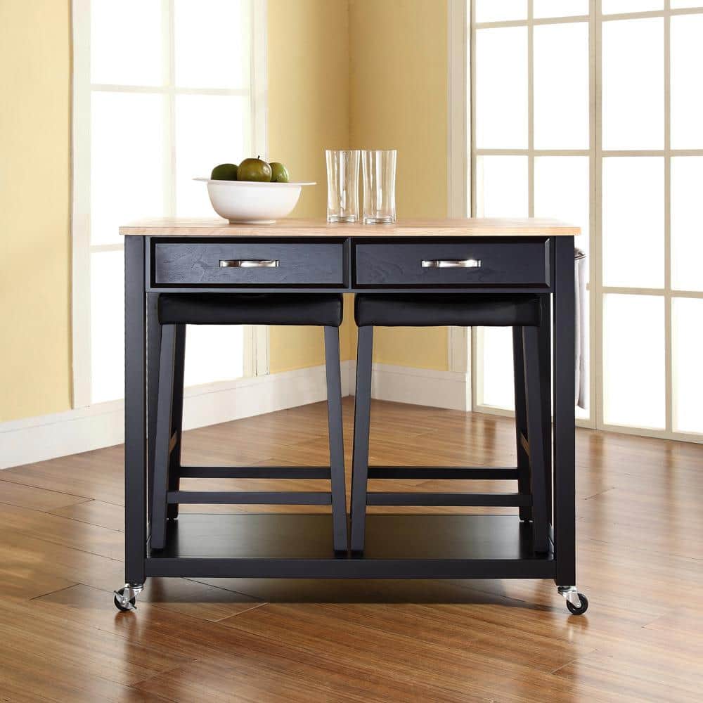 Natural Wood Top Black Kitchen Cart with Wine Rack and Stools