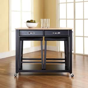 Black Kitchen Cart with Natural Top and Stools
