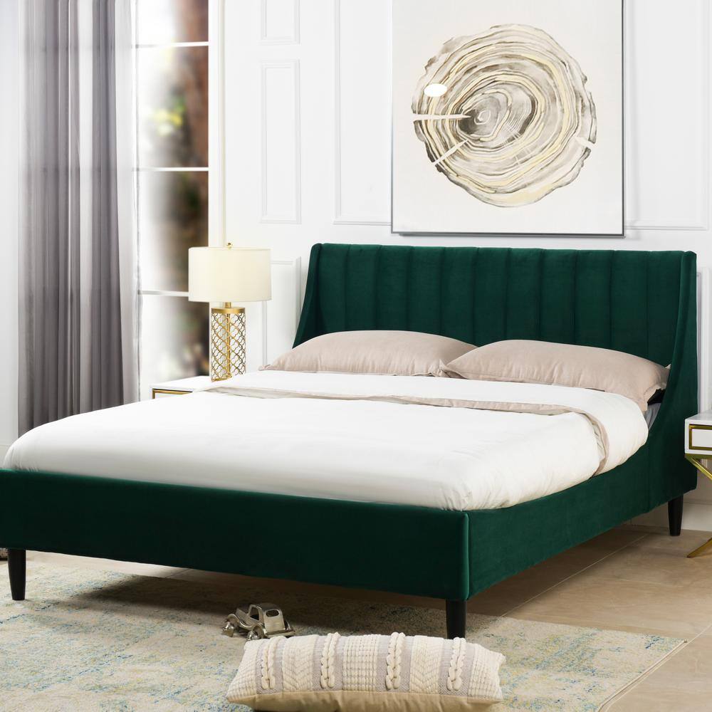 Aspen Medium Evergreen Velvet Tufted Queen Platform Bed with Pine Frame