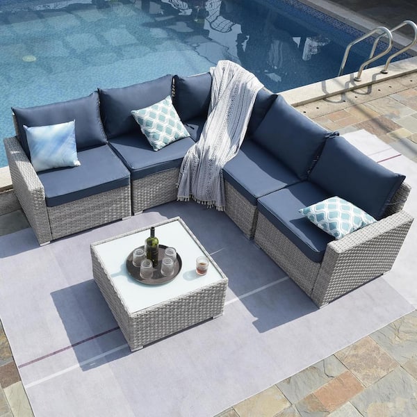 Tenleaf 6-Piece All-Weather Wicker Outdoor Sofa Sectional Set with Blue Cushions