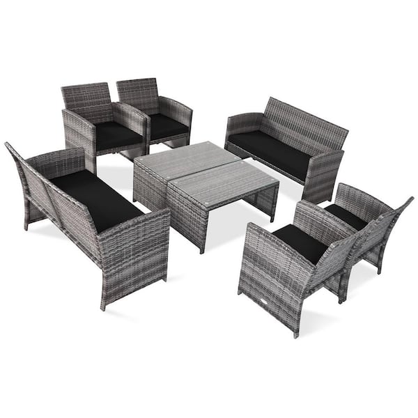Costway 8-Piece Wicker Patio Conversation Set with Black Cushions and Glass Table
