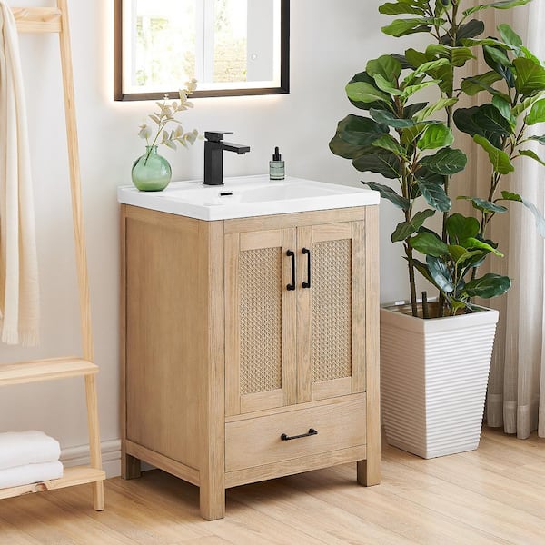 Bondi 24 in.W Single Sink Freestanding Bath Vanity in Light Brown with White Ceramic Top
