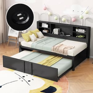 Black Twin Size Daybed with Trundle, Storage Shelves and USB Charging Ports