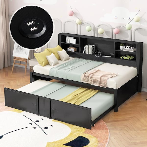 Harper & Bright Designs Black Twin Size Daybed with Trundle, Storage Shelves and USB Charging Ports