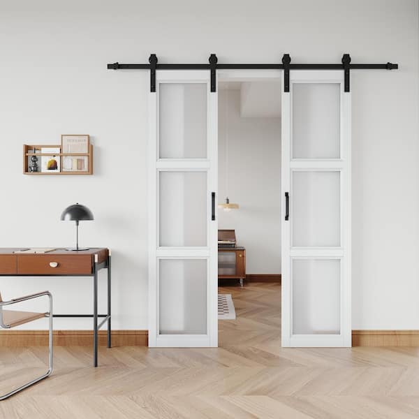 42 in. x 84 in. 3-Lite Frosted Glass White Finished Composie MDF Double Sliding Barn Door with Hardware Kit