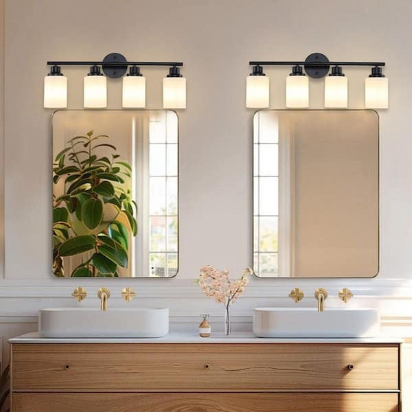 24 in. 4-Light Matte Black Vanity Light w/ Frosted Glass & Black Iron Bedroom Bathroom Light (Bulb Not Included)