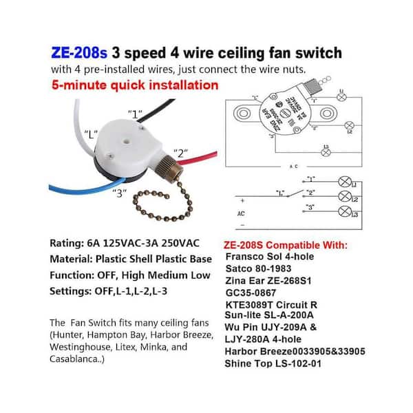 ちゃ～やまぶぅS phyfalip Ceiling Fan Pull Chain Switch ZE-208s 3 Speed 4 Wire