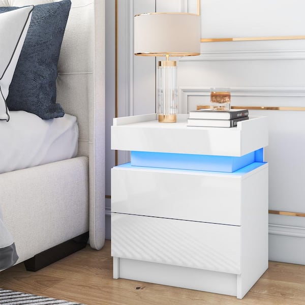 Hommpa LED 2-Drawer White Top Edge Nightstand 21.5 in. H x 17.7 in. W x ...